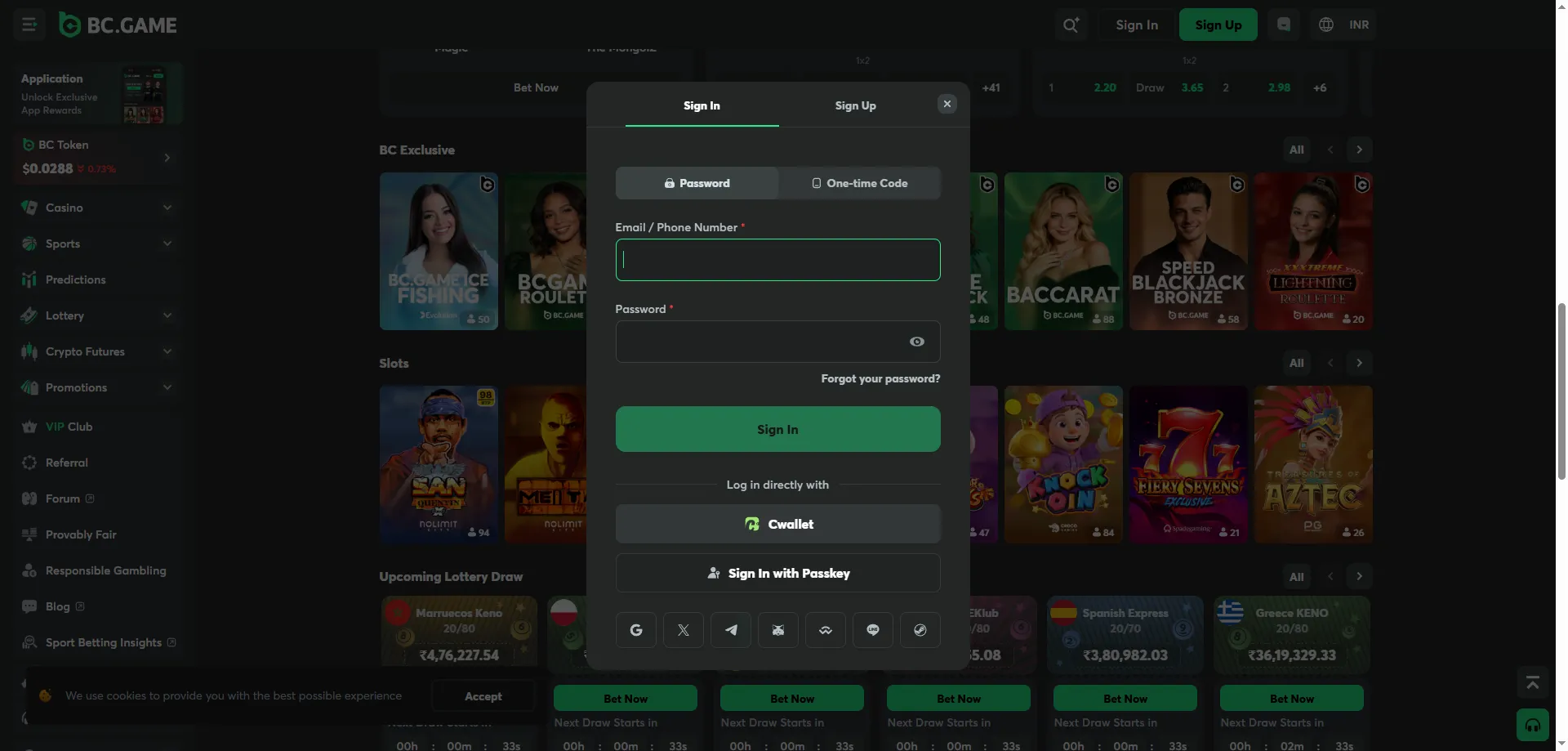 BC Game login page — secure account access for Indian players