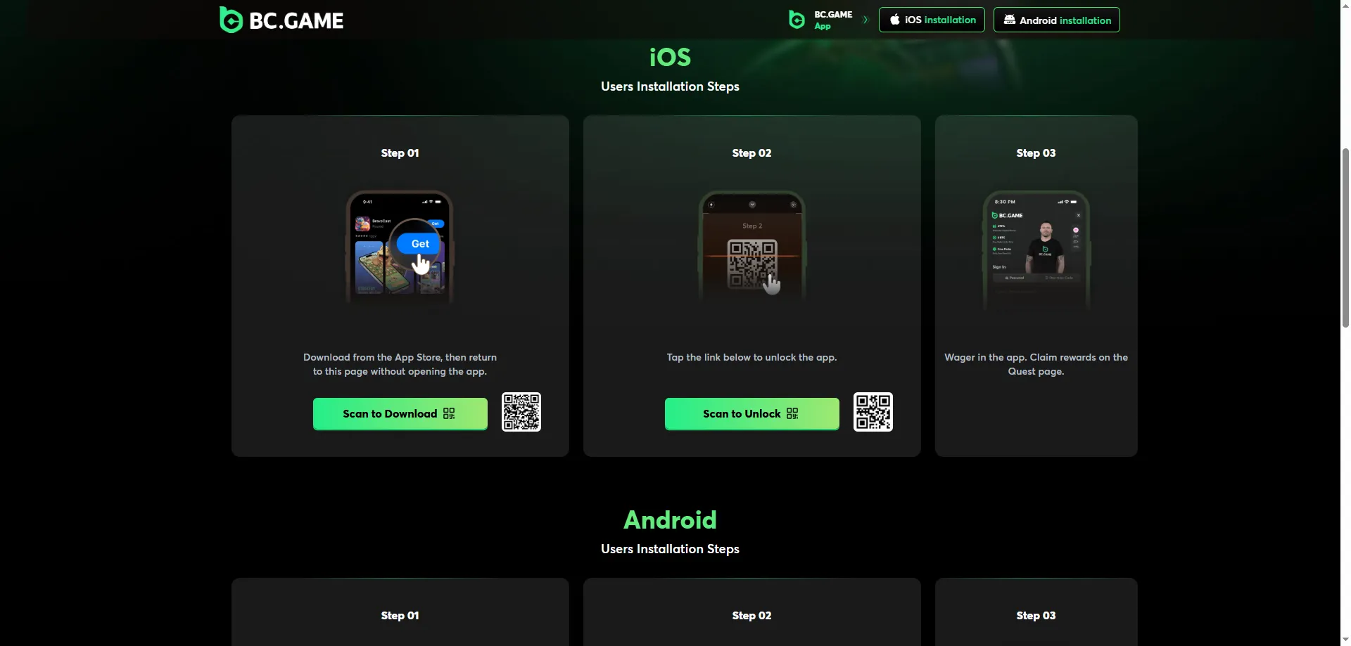 BC Game mobile app login on Android and iOS devices