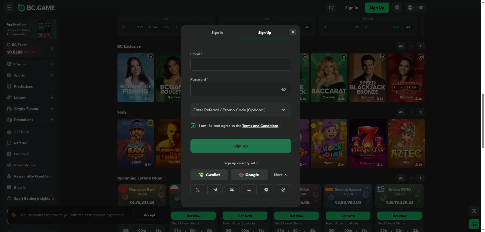 BCGame Casino new account registration form for Indian players